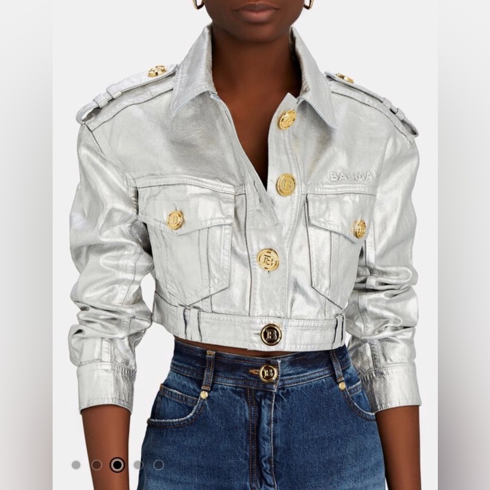 BALMAIN silver w gold buttons
Metallic-Effect Cropped Denim Jacket